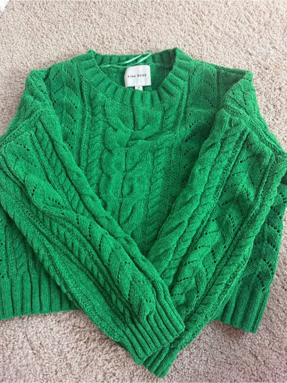 Pink Rose Bright Green Cable Crewneck Sweater